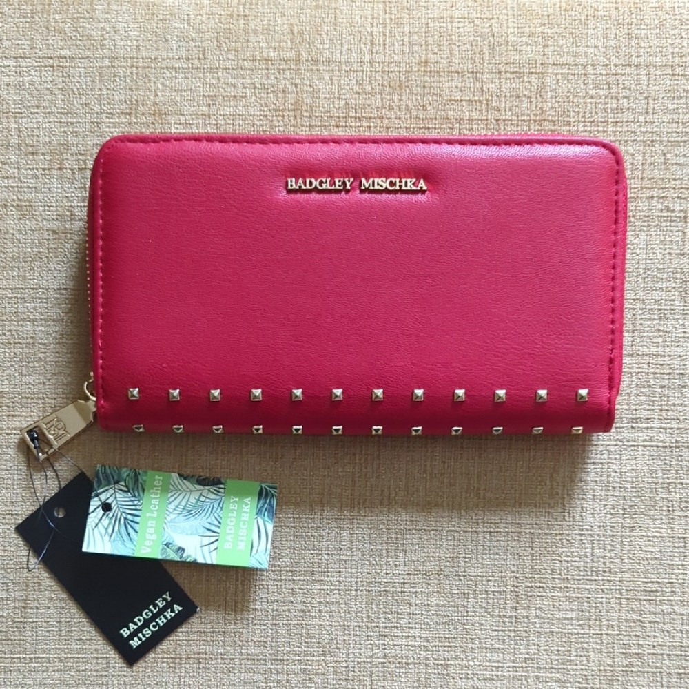 Badgley Mischka Cherry Red Long Zip Around Faux Leather Gold Studded Wallet